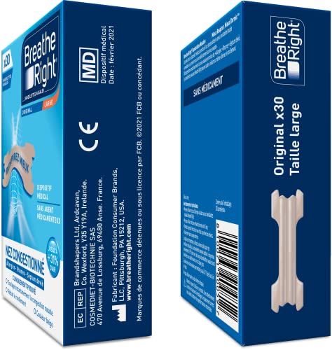 Breathe Right Original - Bandelette nasale - Taille Large - Sommeil : aide à réduire les ronflements - Rhume, allergies, sport : vous aide à mieux respirer - couleur peau, 30 pièces