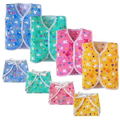 Image of TS LAVI TAVI Baby Sleeveless Jabla & Nappy Set Combo Pack of 4 | Soft Cotton Front Open Vest with Langot for Newborn Baby Boys & Girls | Multicolor Printed Infant Clothing Set (Combo 1, 3-6 Months)