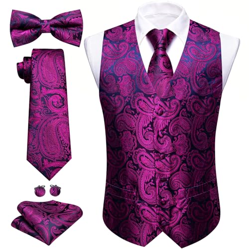Image of Barry.Wang Men's Suit Vest Tie Bowtie Set Formal Silk Paisley Waistcoat Hanky Cufflinks Lapel Pin Set Wedding Party 7PCS