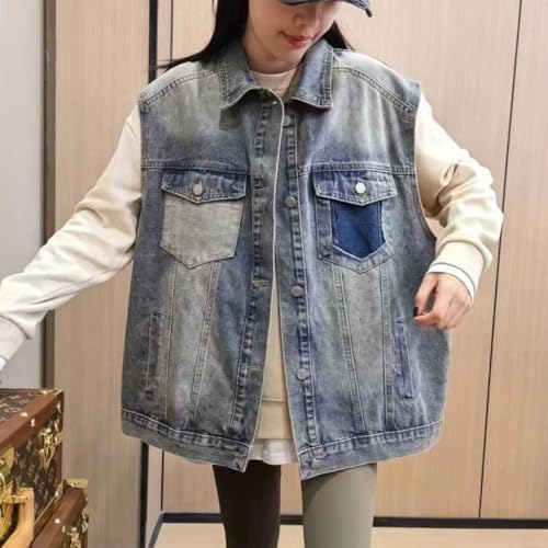 EMMIOL Fall Denim Vest Y2k Women, 2025 Jean Vest Top Distressed Vintage, Waistcoat Sleeveless Jacket Oversized Contrast Panel2