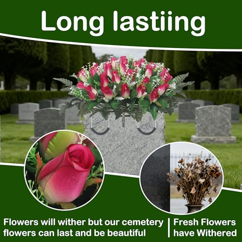 Artificial Cemetery Flowers for Grave,Headstone Flower Saddle for Grave Tombstone Decorations (1, Rose Red) image 1