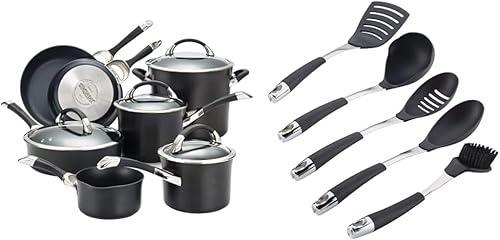 Circulon Symmetry - Juego de ollas y sartenes antiadherentes anodizados duros, 11 piezas, utensilios de cocina negros y Harmony, 5 piezas, negro