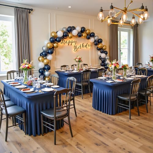 Image of 3 Packs Navy Blue Spandex Tablecloths for 8 Foot Rectangle Tables, Stretchy Fitted 8FT Blue Table Skirt for Wedding Party, Wrinkle Free Tablecloths for Banquet Wedding Birthday Party