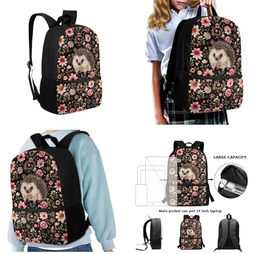 Cute Hedgehog Floral Backpack - 3PCS Personalized Bookbags for Girls Kids Kindergarten Elementary Preschool Middle School Student, Large Capacity with Lunch Box Pencil Case2