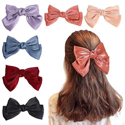 Wooyaya 6 Pcs Shiny Satin Double Large Hair Bow Clips, Oversize Handmade Girl French Barrette Style Hair Clips for Women Girls Hair Accessories