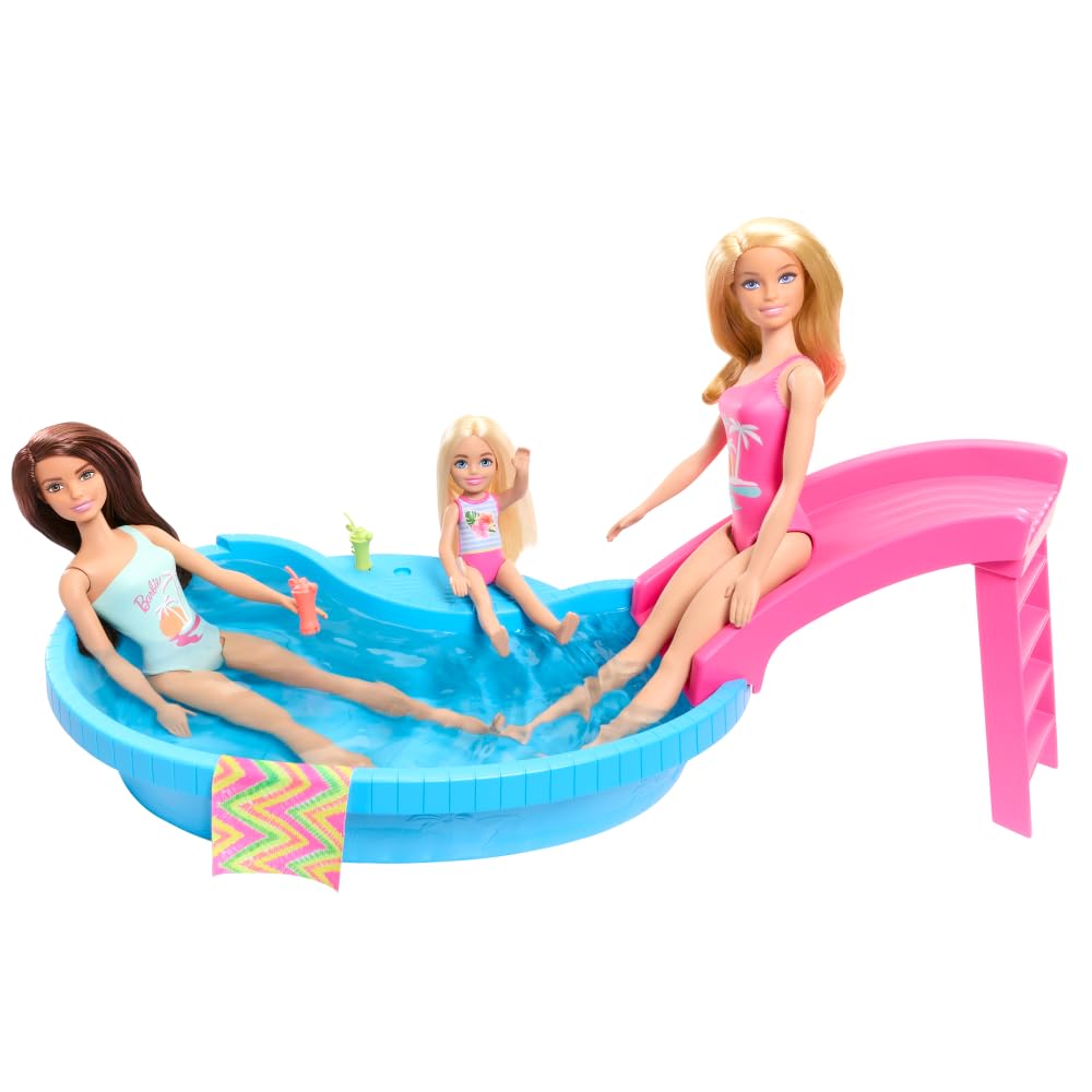 Barbie - Playset Piscina, con bambola bionda in costume rosa intero con stampa tropicale, include piscina, scivolo, telo e bevande, giocattolo per bambini, 3+ anni, HRJ74