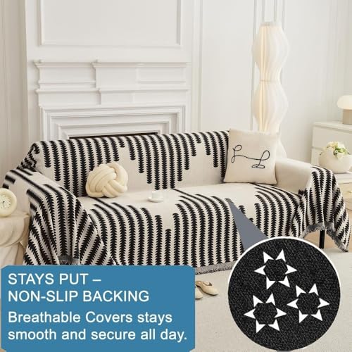 Image of The Furnishing Tree Reversible Double Sided Chenille Throw Sofa Cover, Anti-Slip Couch Cover, Comfy Sofa Towel for All Seasons, 3 Seater, Black