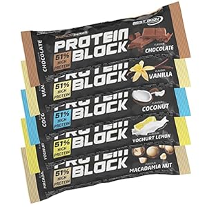 Best Body Nutrition Protein Block MIX BOX, mit Chocolate, Vanilla, Coconut, Yoghurt Lemon und Macadamia Nut, 15 x 90g Riegel pro Karton