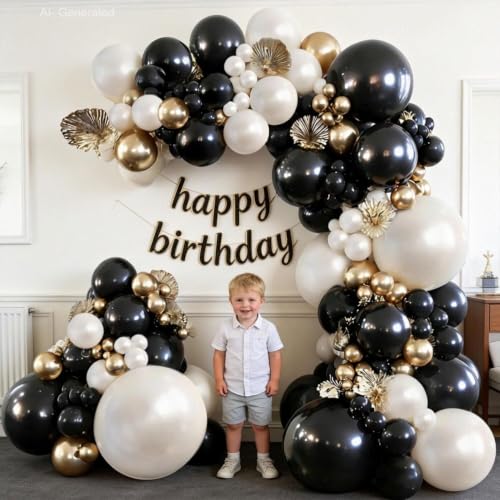 Image of Blocesa Black Gold White Balloons Arch Kit, Double Stuffed, Latex, Party. | Black, chrome gold, pearl white sand ivory balloons. Perfect for weddings, birthdays, events, New Year's parties decor.
