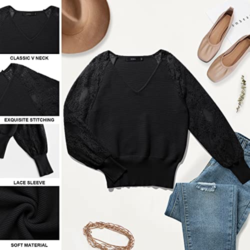 Zcsia Women's Long Sleeve V Neck Lace Patchwork Solid Color Ribbed Knit Pullover Sweater Tops,Solidblack,Small #TOP6