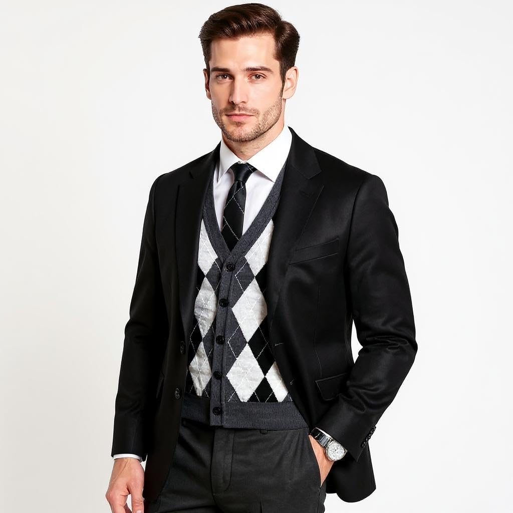 | Merino Wool Cardigan Sweater - Argyle Model | Woolmark Certified