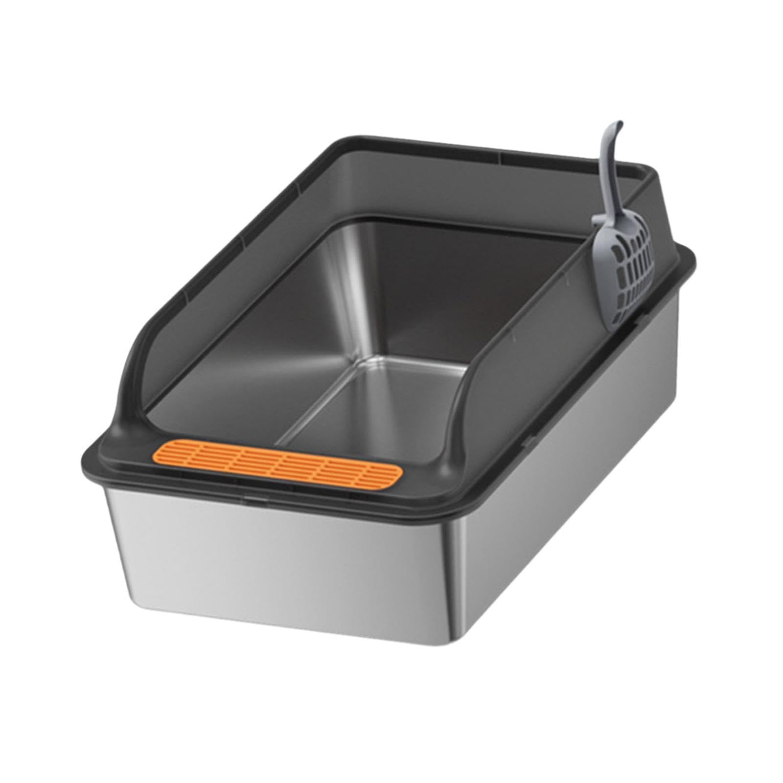 Katzenklo Edelstahl Katzenstreu Litter Pan mit Abnehmbarem Rahmen Katzen Toilette Katzen Sandkasten rutschfeste Matte für Kätzchen Große Katzen Und in, Schwarz