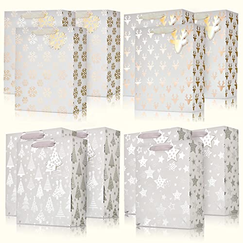 Flash Deals - 40% OFF UNIQOOO 12Pcs Metallic Gold Silver Christmas Gift Bags Bulk with Tags, Large 12.5 x10'', Xmas Gift Wrap Bags Assorted Snowflake, Star, Reindeer For Holidays New Year Party Favor Decor Gift Packaging