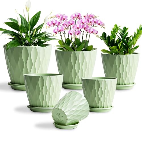KEETUMOOD Plant Pots, Self Watering Planters with Drainage Holes and Trays, Flower Pots for Indoor Outdoor - 6 Pack(4/5/6/6.5/7/8 Inch) (Light Green)