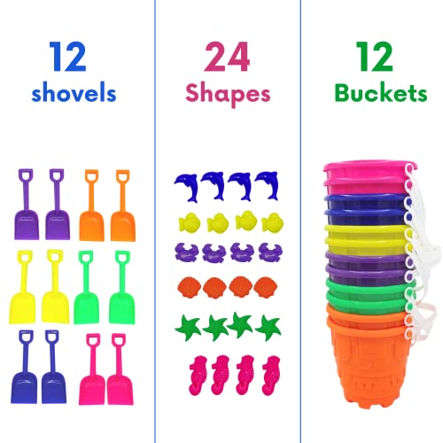 4E's Novelty 12 Sets Beach Toys - Includes 12 Sand Buckets, 12 Shovels, 24 Sand Molds for Kids - Small 5.75