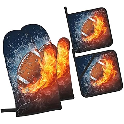 Football on Fire Oven Mitts and Pot Holders Sets, Heat Resistant Oven Mittens and Hot Pads 4 Pcs for Barbecue Cooking Baking Grilling Microwave Cover