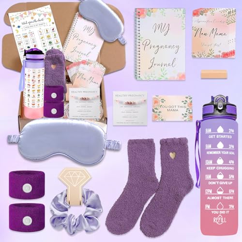 1st Trimester Pregnancy Gift Box for Expecting and First Time Moms, Gifts Basket for Pregnant Women, Pregnant Mom Box, First Trimester Pregnancy Essentials (Purple)
