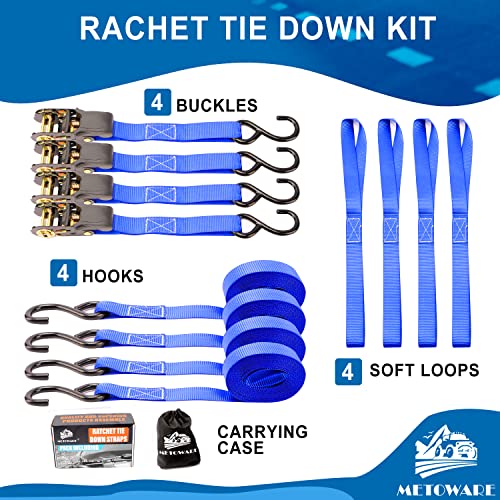 Ratchet Straps Tie Down - 1764Lb Break Strength - 4Pk 1’’ X 15’ Rachet Tie Downs With Padded Handle, Coated S Hook, Soft Loop, Storage Bag For Moving Cargo, Lawn Equipment, Motorcycle (Blue) #TOP5