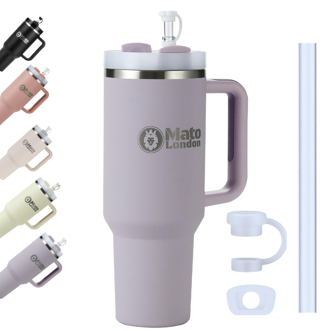 Mato London 40oz Tumbler with Straw & Handle – Stanley Cup Style Double-Wall Stainless Steel | Leakproof, BPA-Free | Insulated Travel Mug for Hot & Cold Drinks | Reusable Lid & Accessories Included