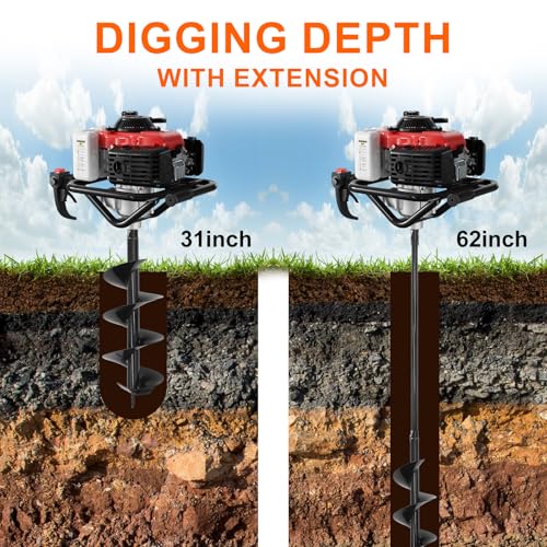 Image of 78CC Gas Powered Post Hole Digger, 4 Stroke Auger with 6&8 Inch Bits | 4-stroke engine, no gas-oil mix! 78CC powerful motor, quieter than 2-stroke. Includes 6 inch&8 inch auger bits + extension rod