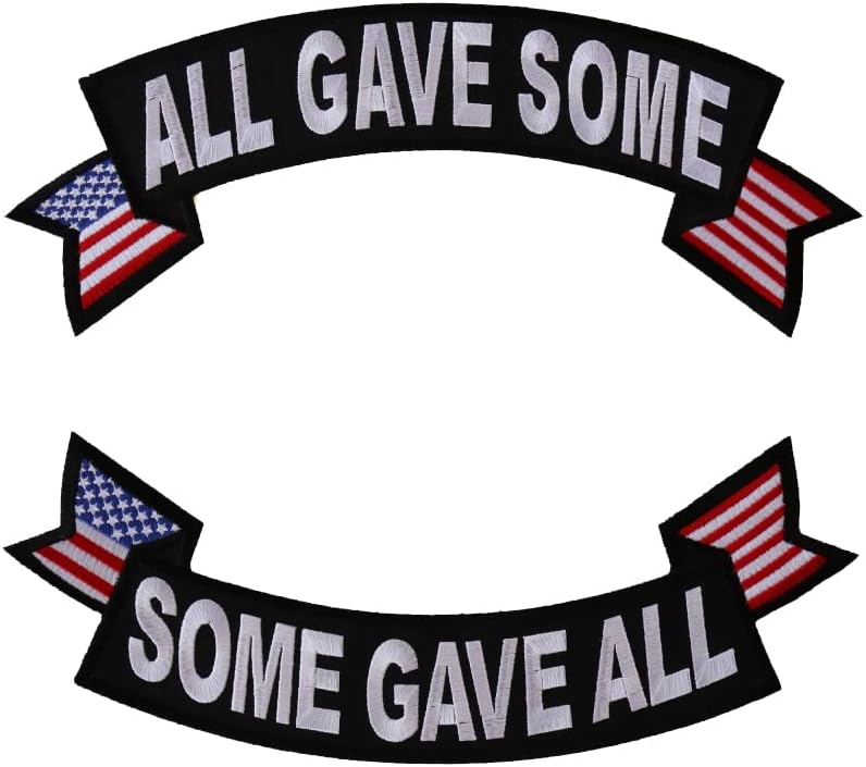 Rocker Back Patch Set (Top and Bottom), Embroidered Motorcycle Patches (Iron-On or Sew-On), All Gave Some, Some Gave All, Military Veteran, 11" x 4" Each