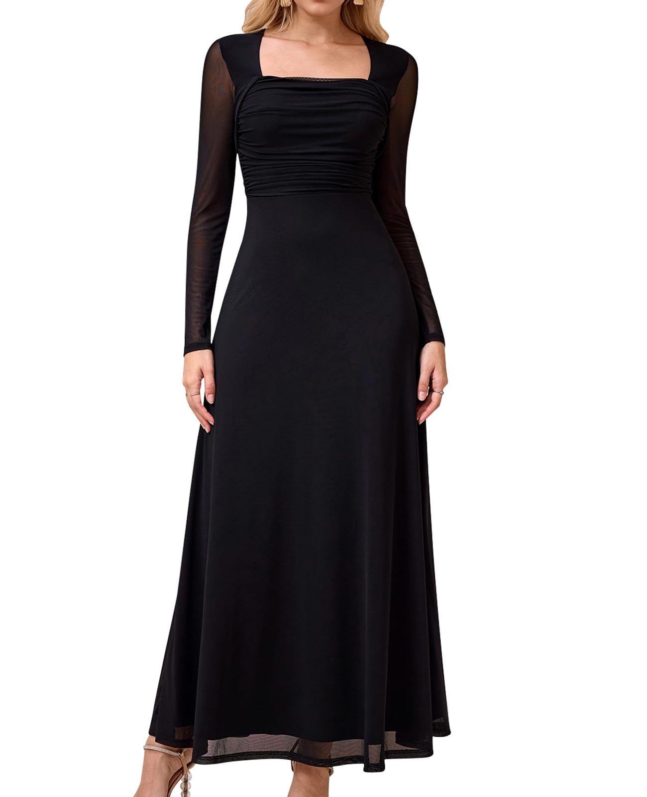 GLNEGE Fall Long Sleeve Wedding Guest Maxi Long Dress Mesh A-Line Flowy Square Neck Ruched Cocktail Dresses for