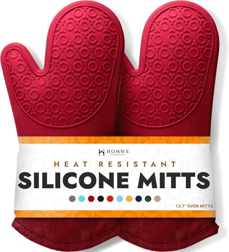Image of BPA-Free Silicone Oven Mitts Ultra Heat Resistant up to 500F - Oven Mitts with Thick Cotton Liner - Long Slip Resistant Pot Holders, Flexible Oven Gloves - Empire Red 13.7