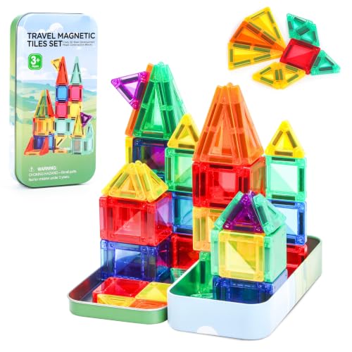 BENOKER Mini Magnetic Tiles Travel STEM Toy with Iron Box for Boys & Girls