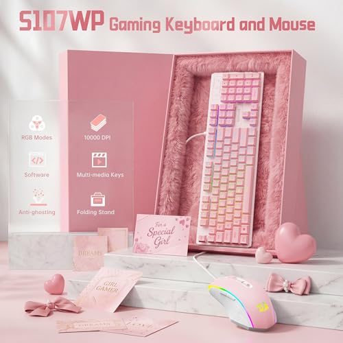 Image of Redragon Updated S107WP Gaming Keyboard and Mouse, RGB Gaming Keyboard and 10000 DPI Mouse Combo with 25-Key Anti-Ghosting, 1K Hz Programmable Mice with Software, Plug & Play to PC, Laptop - Pink