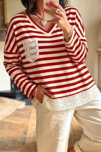LOLONG Womens Tops Striped Long Sleeve V Neck Crochet Hem Loose Fit Blouse — view 3