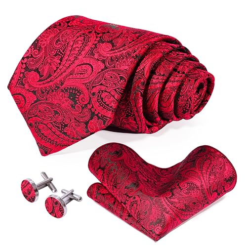Image of 5PCS Tie and Pocket Square for Men, Silk Necktie and Handkerchief Cufflinks with Gold Ring and Lapel Pin Set