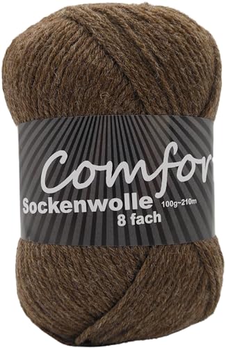 8-fädige Sockenwolle Strumpfwolle Uni – besonders warmes dickes Strumpfgarn - 100gr Knäul – 210 m Lauflänge - Nadelstärke 4,5-5,5 mm-Klassiche traditionelle Zeitlose Farben (braun 873)
