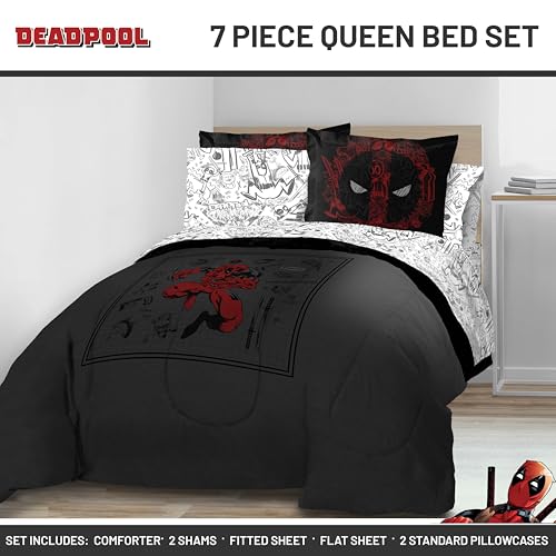 Image of Marvel Deadpool Queen Comforter Set 7 Piece Bedding for Boys, Gray | Bed in a Bag, Comforter Sheets Shams Pillowcases, Official Product, Soft Microfiber, Machine Washable, Boys Gift