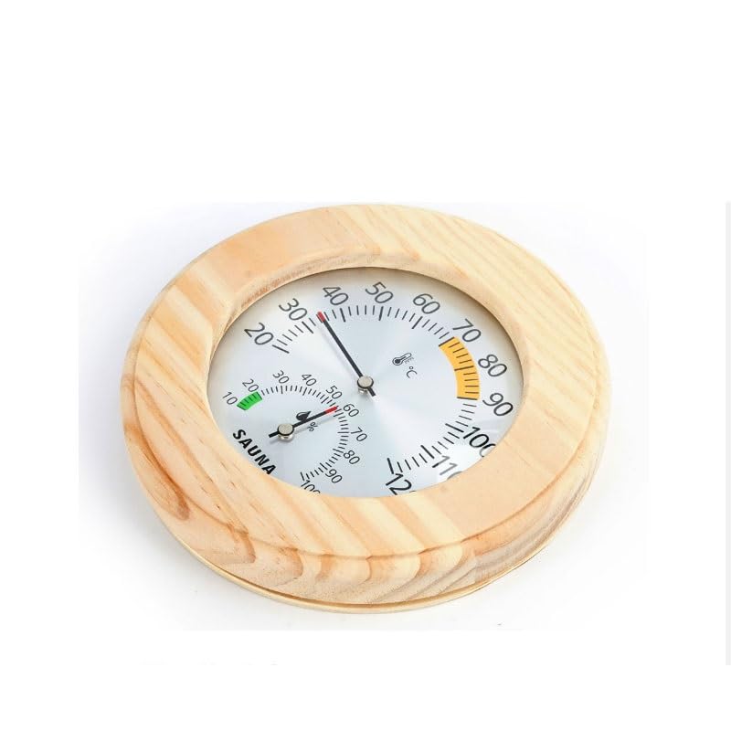 Round Indoor Temperature Humidity Meter with Wooden Outer Frame for Home Bathrooms