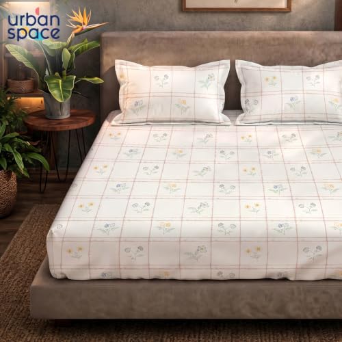 Image of Urban Space Serene 100% Cotton Bedsheet for Double Bed, Floral Queen Size Bed Sheet with 2 Pillow Covers (88 x 100 Inches, Petal & Pane Buttercream)