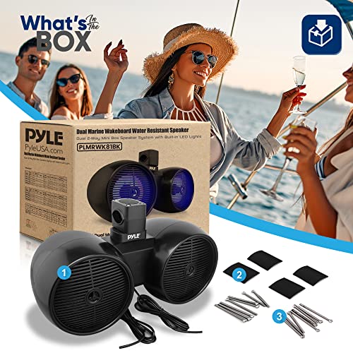 Image of Pyle Dual Waterproof Off-Road Speakers - 8 inch 300W 2-Way Marine Wakeboard Tower Sound System w /LED Light, Full Range Outdoor Stereo Speaker for Car, ATV, UTV, Jeep, Boat, Includes Brackets (Black)
