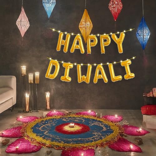 Image of AMFIN (Pack of 3) Happy Diwali Foil Balloon with LED Light - Gold