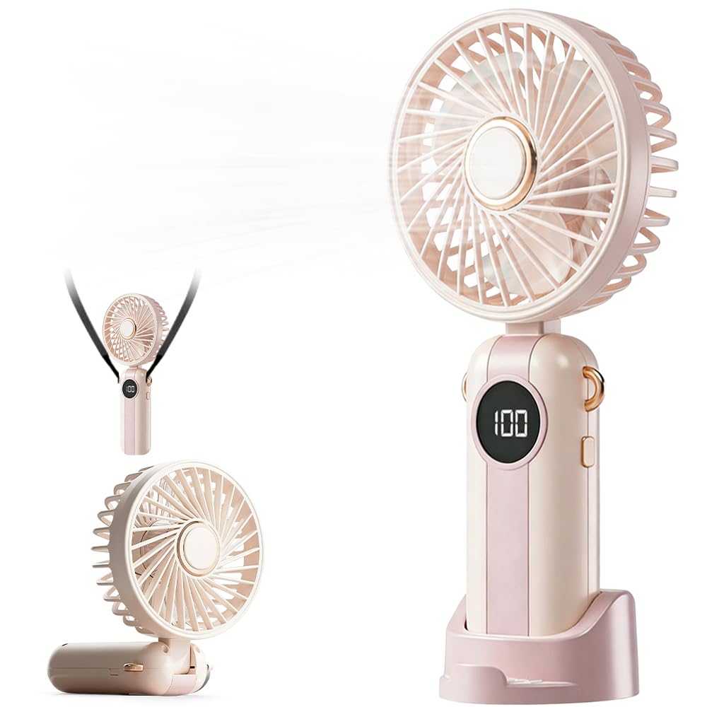 Rppiup Handheld Fan Rechargeable, Portable Mini Fan Handheld with 5 Speeds, 4000mAh Electric USB Small Hand Held Fans, Foldable Mini Desk Fans with LED Display for Outdoor Travel Office Home (Pink)
