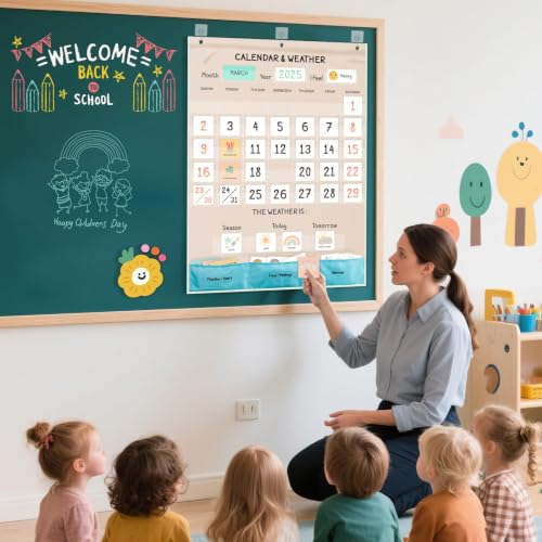 Image of Classroom Boho Calendar & Weather Pocket Chart with 111 Cards, Circle Time Learning Center for Kids and Toddler, Preschool Must Haves!