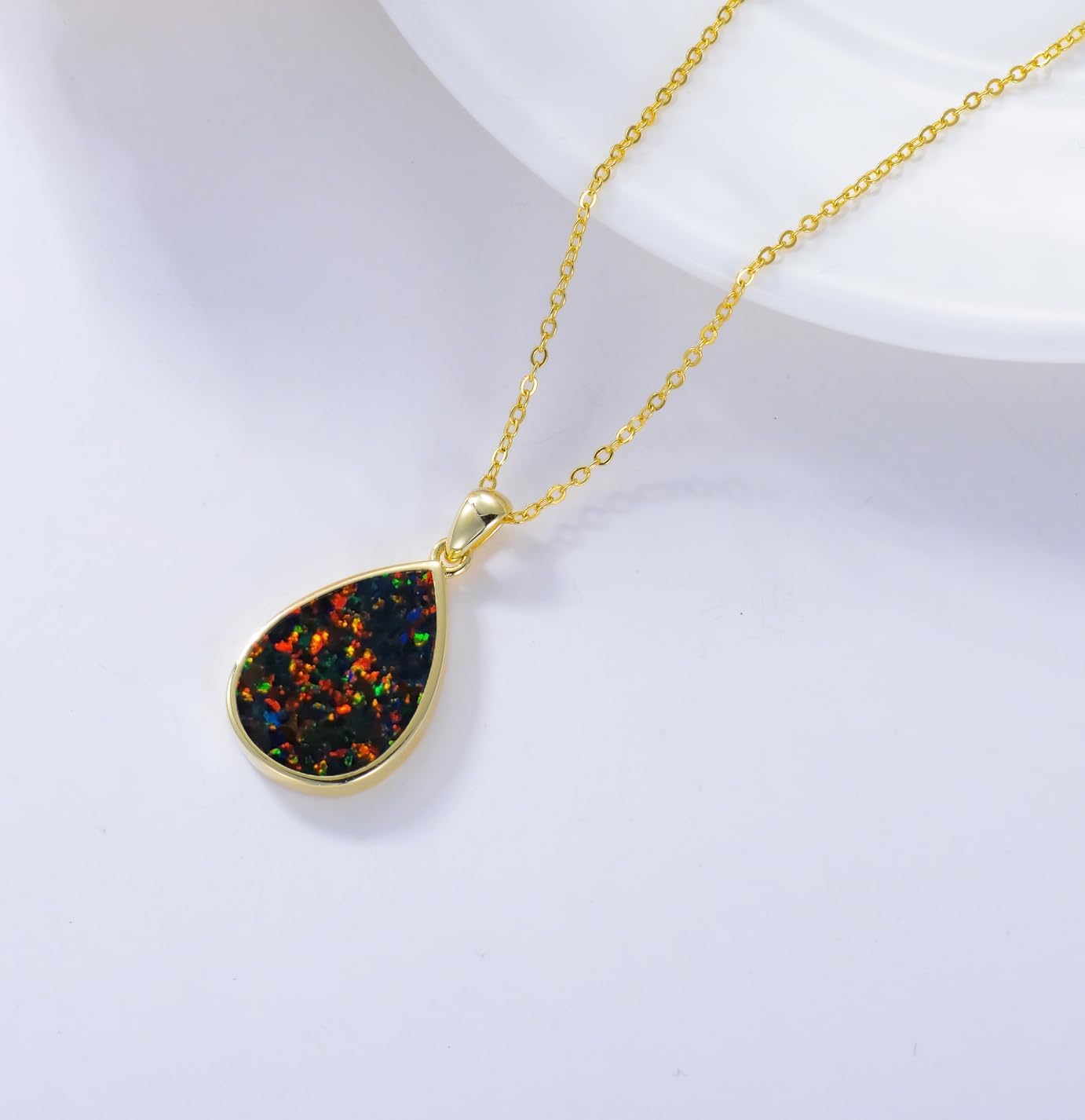 Black Opal Teardop Pendant Necklace, Sterling Silver Dainty October Birthstone Vintage Jewelry Gift for Women