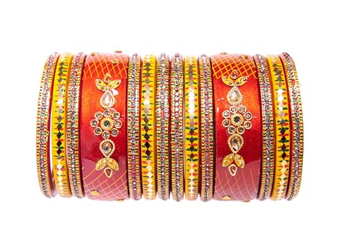 Image of Swara Creations Lah /Lac bangles red and yellow color Set, LAHTHI Churi zircon work for Women and Girls(14pcs)