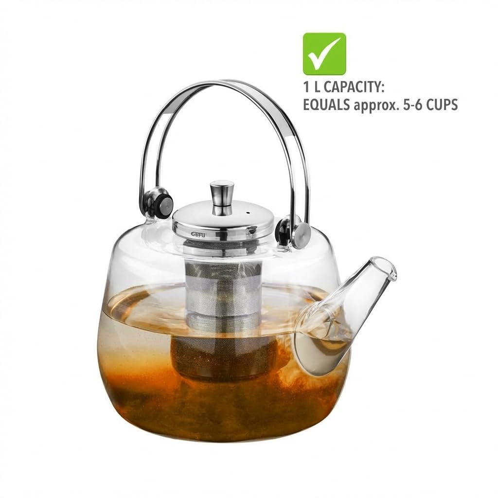 GEFU Infusa - Tetera de cristal con filtro y tapa de acero inoxidable (1000 ml) | Vidrio de borosilicato, resistente al calor hasta 100 °C, para té suelto, 1 litro para 5-6 tazas, apto para lavavajillas