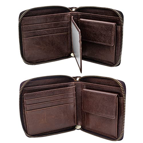 Image of boshiho Genuine Leather Bifold Chain Wallet for Men RFID Blocking | Heavy Duty Steel Anti-Theft Chain & 2 Zipper Coin Purse. Perfect for Bikers, Daily Commute, Gift for Dad /Husband