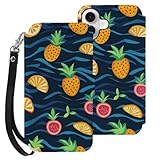 Tropical Fruits Pineapples Stylish Leather Flip Cell Phone Case Compatible with iPhone 16/16 Plus/16 Pro/16 Pro Max/16 E Protective Cover