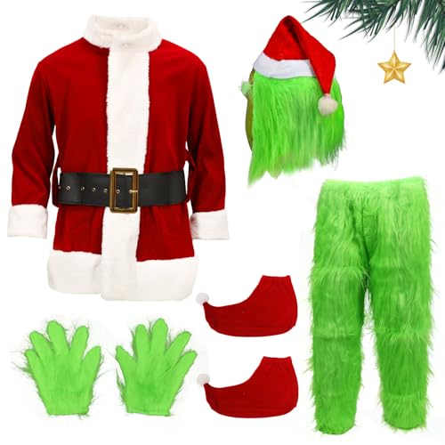 shyhand 7PCS Adult Santa Furry Monster Costume Deluxe Christmas Green Elf Outfit Gloves Hat Mask Xmas Fancy Dress Party Cosplay Suit (2XL)