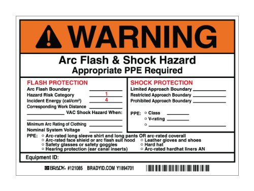 Étiquettes Warning Arc Flash Brady 121085 lot de 5 pour signalisation danger électrique