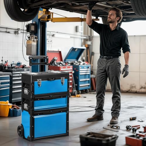 Image of Magshion Heavy-Duty Rolling Tool Box, 3-Tier Stackable Tool Chest System with Wheels & Drawers, Modular Organizer for Small Parts and Tools, Mobile Garage Workshop Storage in Black /Blue