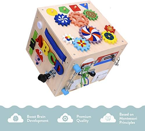 Primo Supply 5X Sensory Board Montessori Busy Box Enrichment Educational Learning Toy l Fun Engaging Cube for Toddlers Play with Zippers Buttons Wheels Bells Lock Flaps Rotor Gears, Buckles