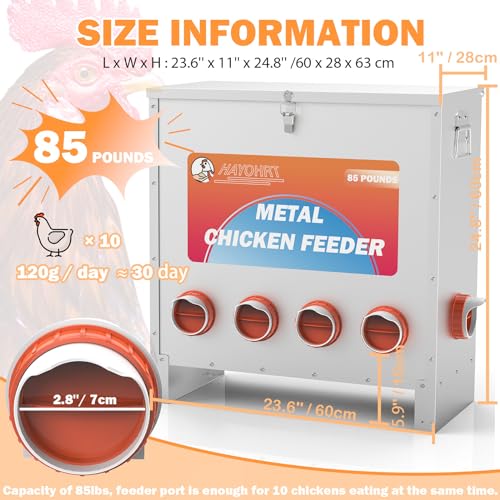 85-120LBS Capacity Chicken Feeder No Waste 10-Ports Automatic Large Poultry Feeder with Latch & Handle for Chickens Bantams Pheasants Poultry Coop Weatherproof