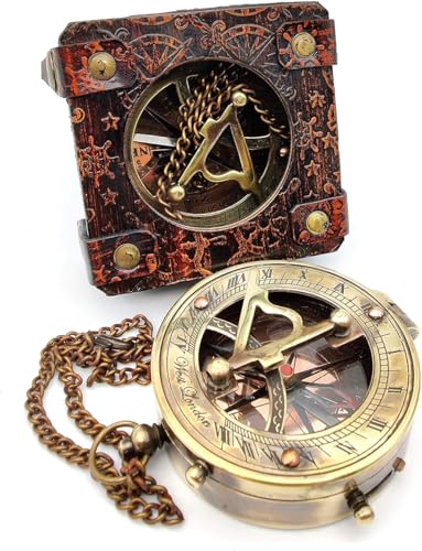 Compás de bolsillo de latón artesanal con reloj solar estilo steampunk y estuche de cuero, regalo pirata miniatura 1